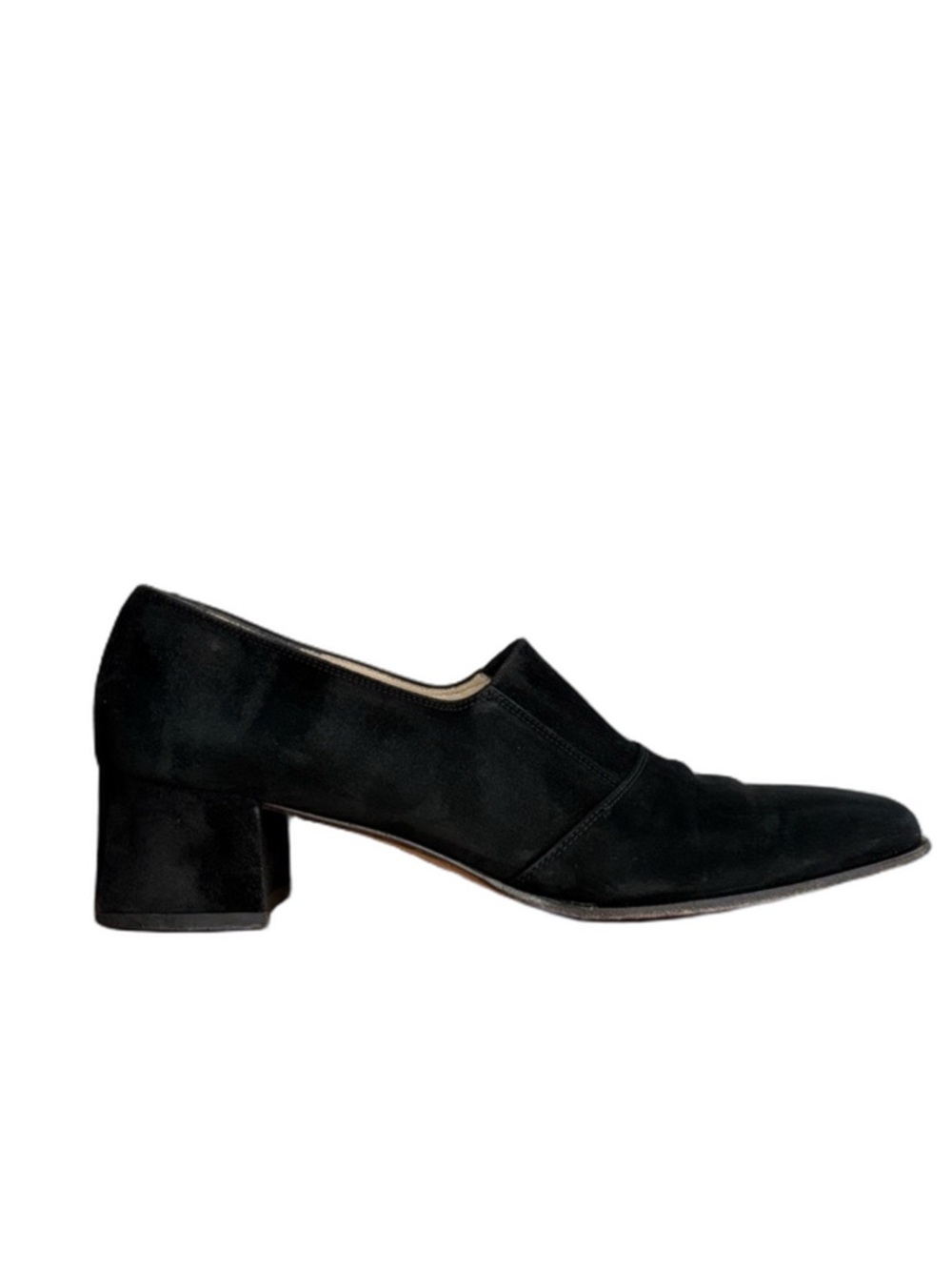 Salvatore Ferragamo Vintage 90s Black Suede Square Toe Heeled Loafers